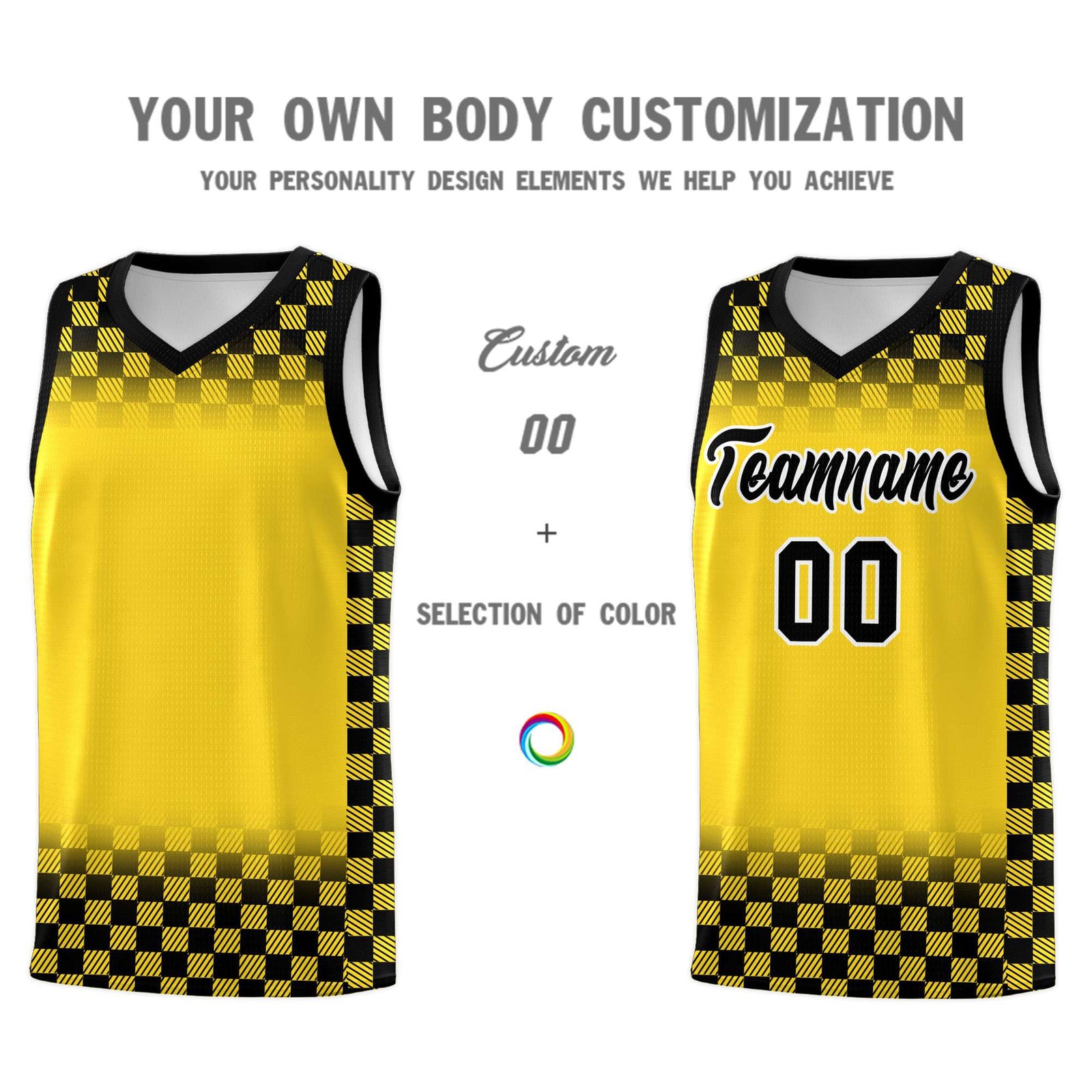 Custom Gold Black Classic Plaid Pattern Sports Uniform Basketball Jersey
