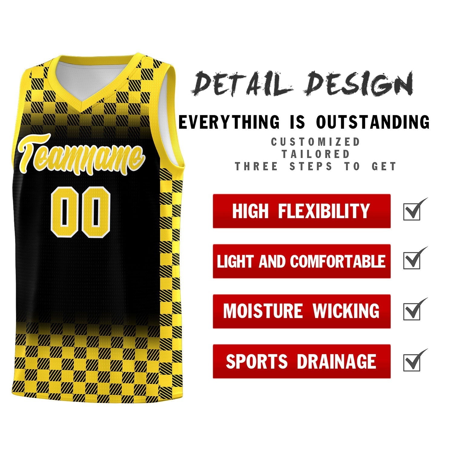 Custom Black Gold Classic Plaid Pattern Sports Uniform Basketball Jersey