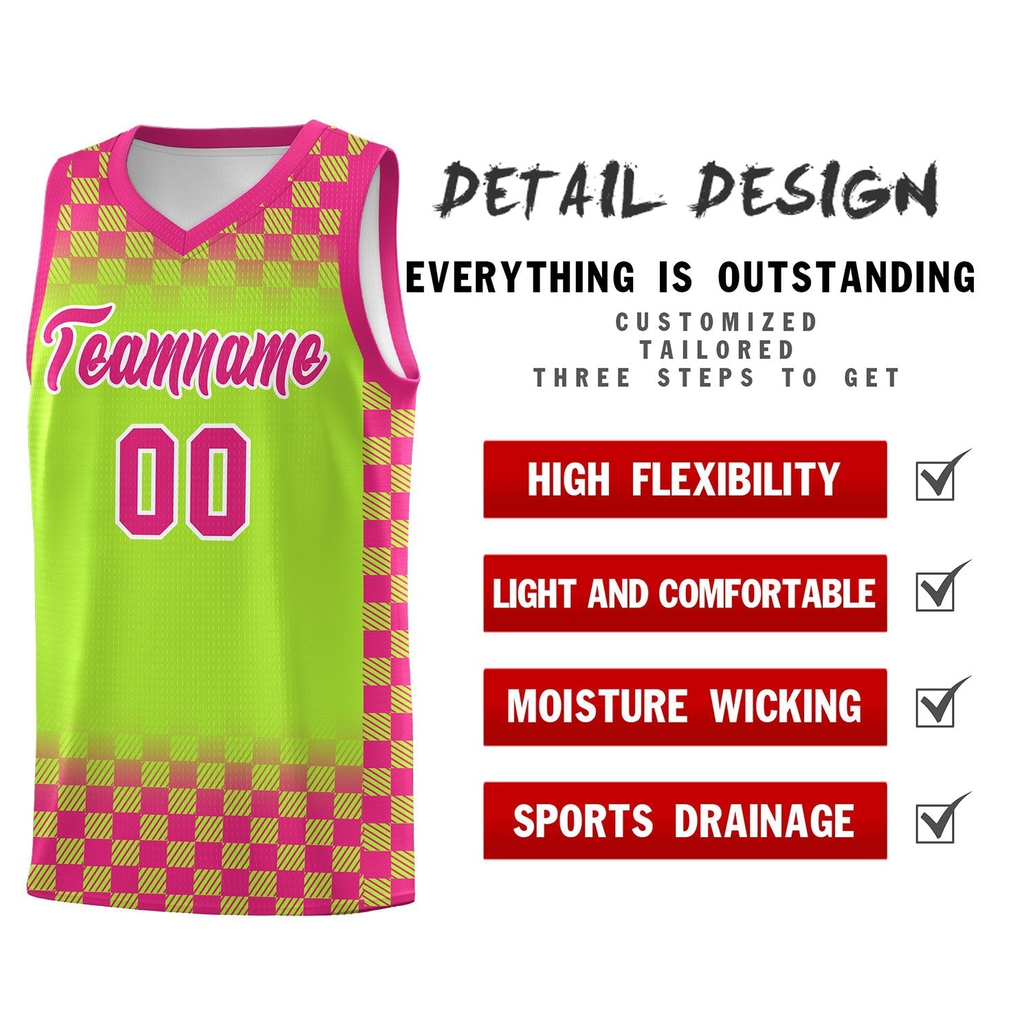Custom Neon Green Pink Classic Plaid Pattern Sports Uniform Basketball Jersey