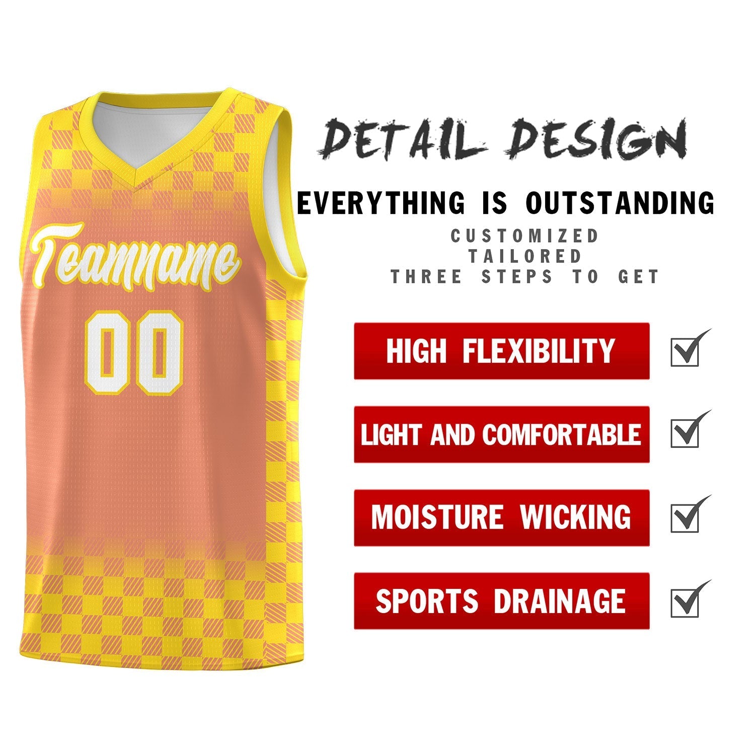 Custom Light Orange Gold Classic Plaid Pattern Sports Uniform Basketball Jersey