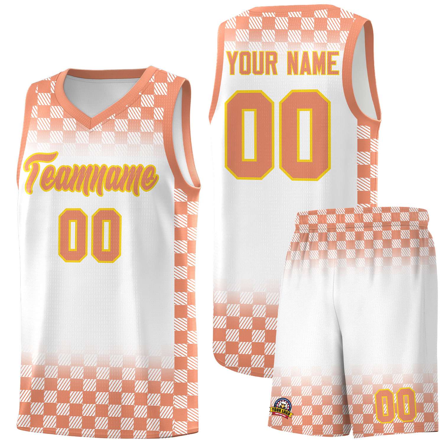 Custom White Light Orange Classic Plaid Pattern Sports Uniform Basketball Jersey