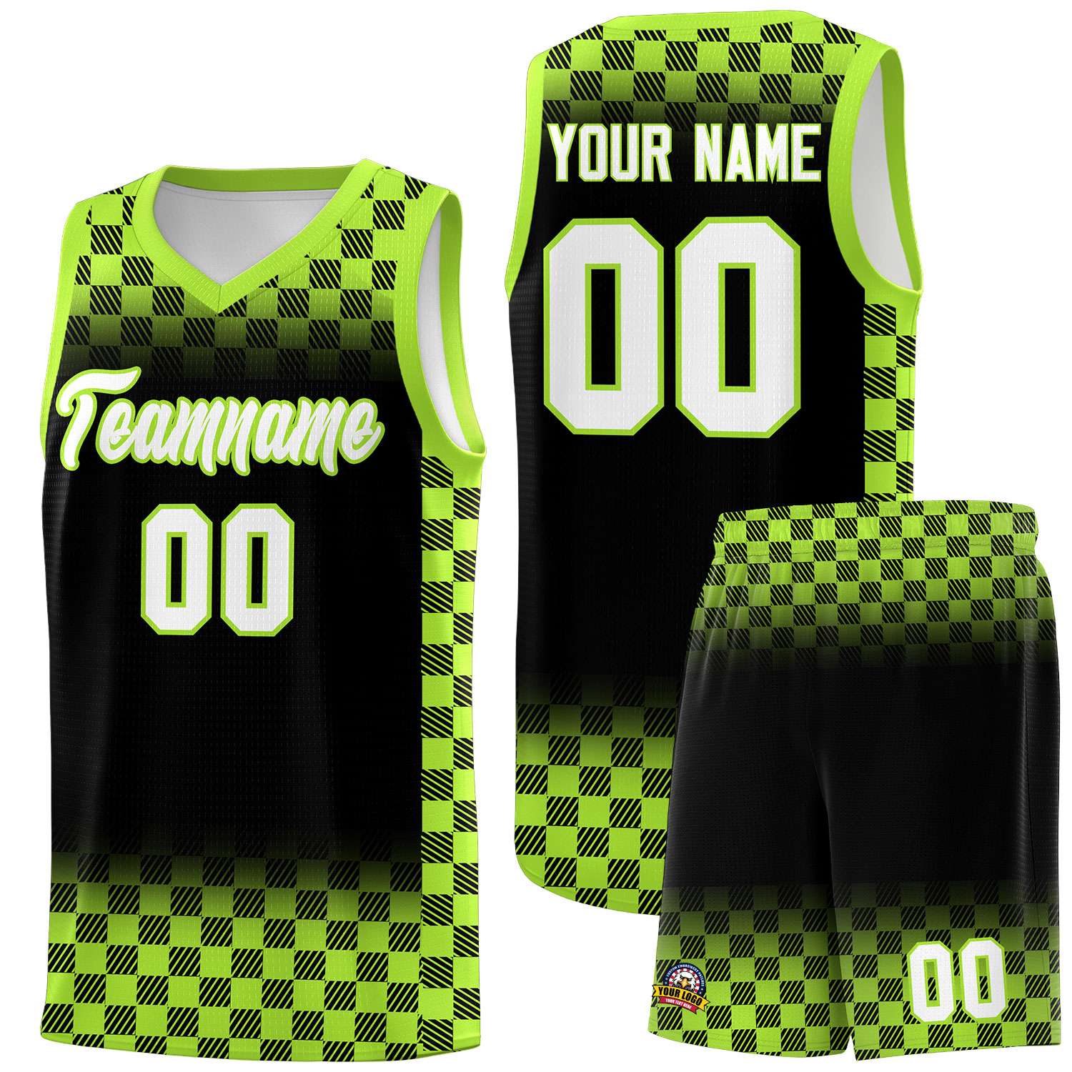Custom Black Neon Green Classic Plaid Pattern Sports Uniform Basketball Jersey