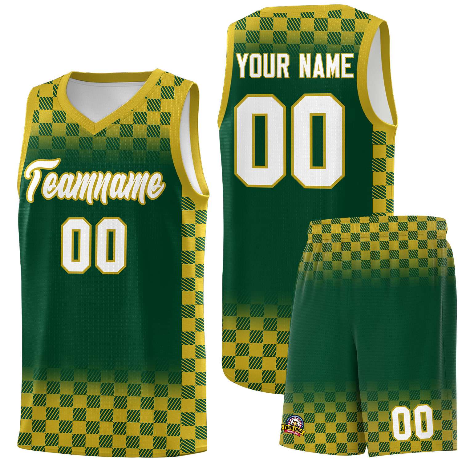 Custom Green Old Gold Classic Plaid Pattern Sports Uniform Basketball Jersey