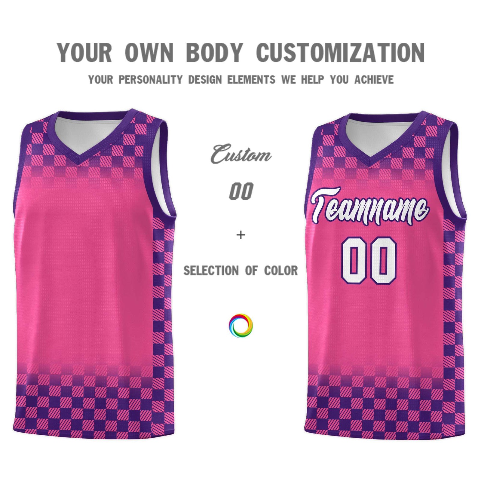 Custom Pink Purple Classic Plaid Pattern Sports Uniform Basketball Jersey