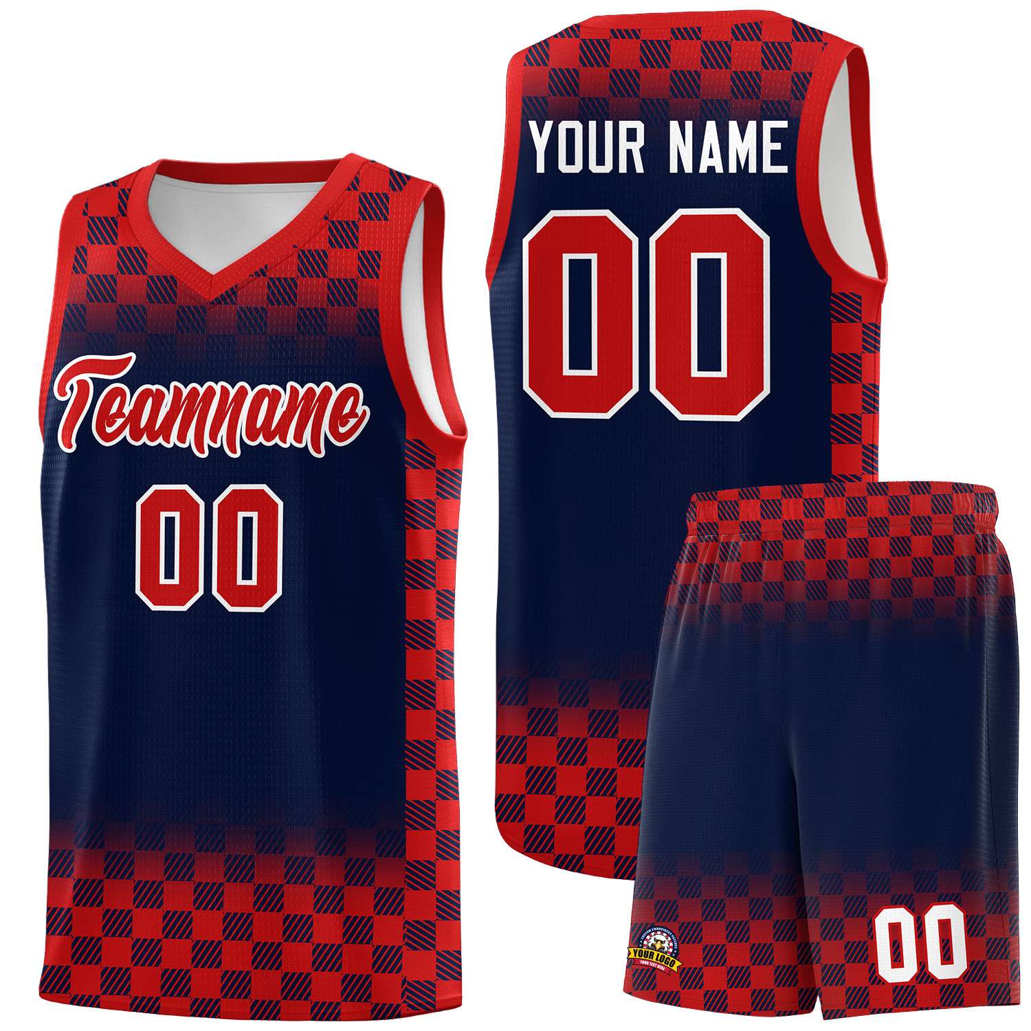 Custom Navy Red Classic Plaid Pattern Sports Uniform Basketball Jersey