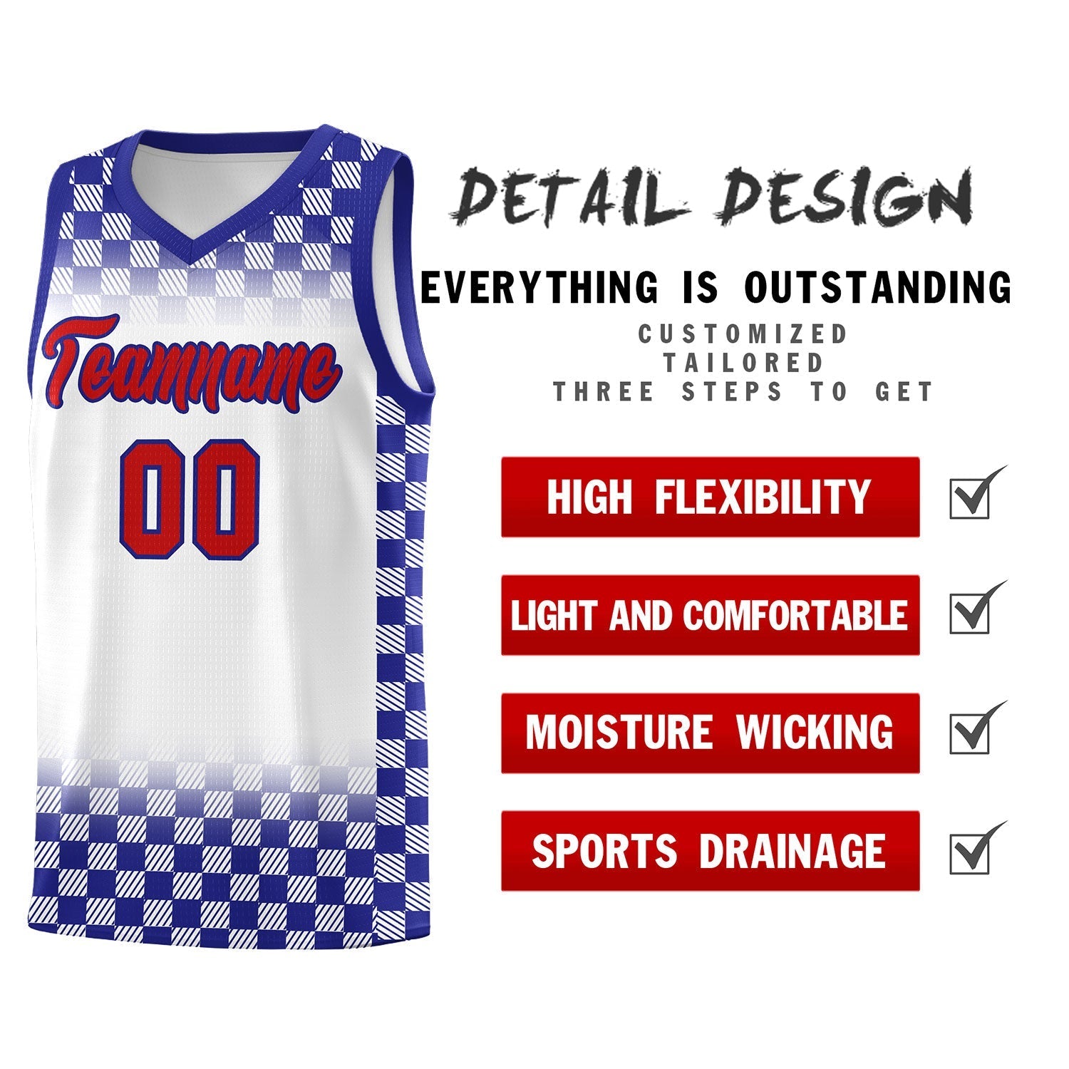 Custom White Royal Classic Plaid Pattern Sports Uniform Basketball Jersey