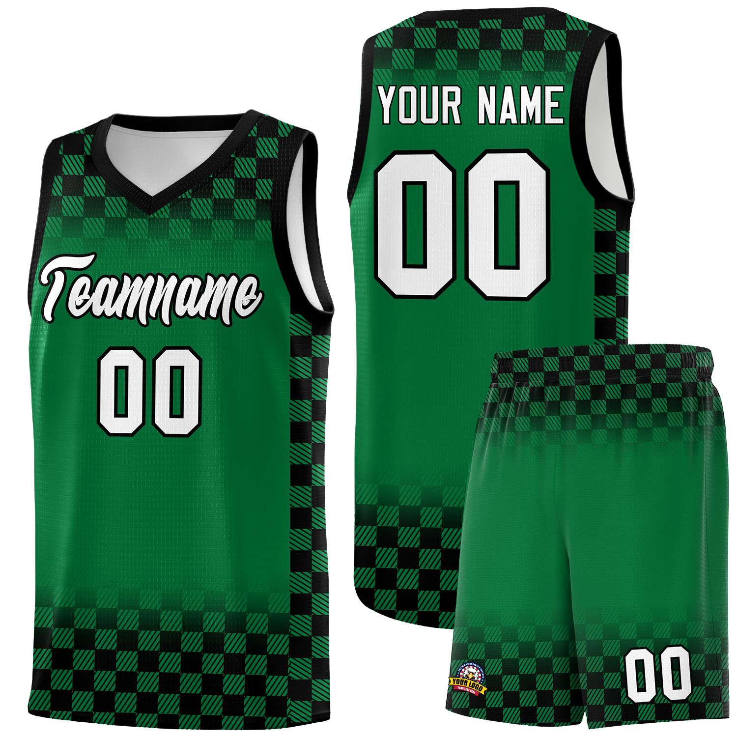 Custom Kelly Green Black Classic Plaid Pattern Sports Uniform Basketball Jersey