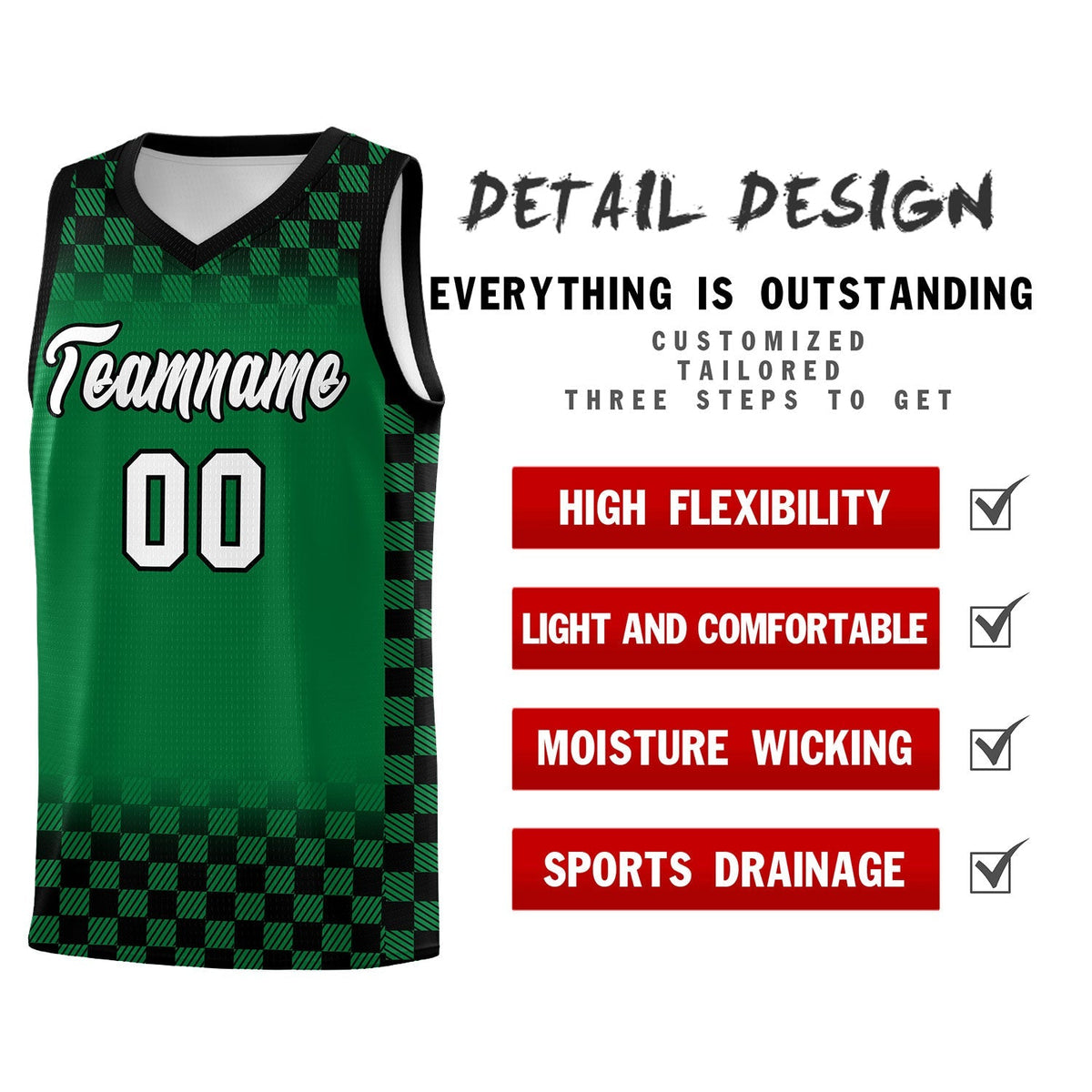 Custom Kelly Green Black Classic Plaid Pattern Sports Uniform Basketball Jersey