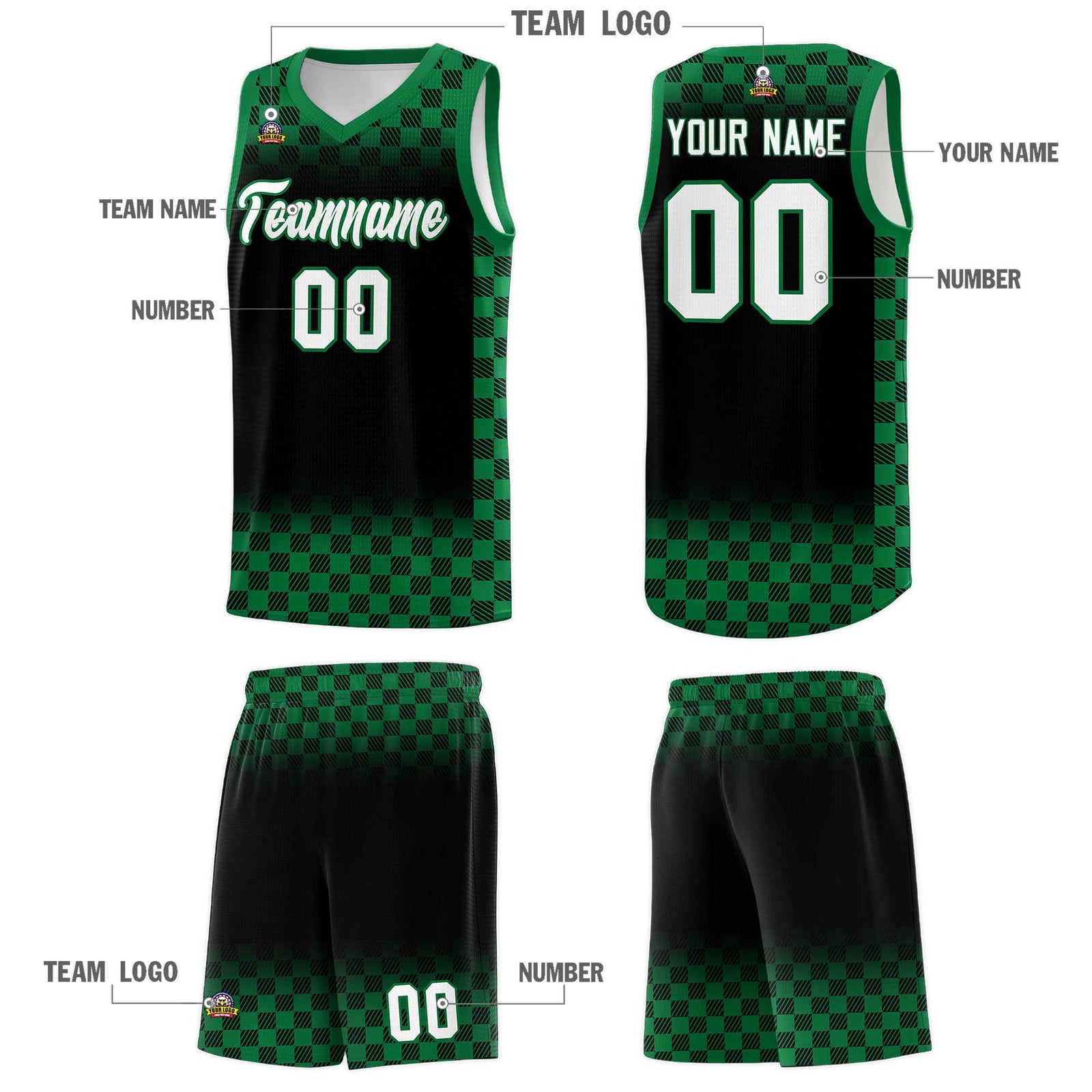 Custom Black Kelly Green Classic Plaid Pattern Sports Uniform Basketball Jersey
