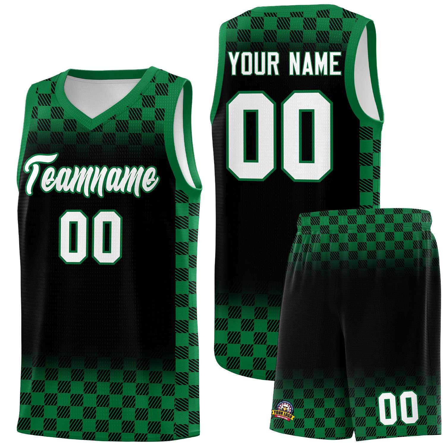 Custom Black Kelly Green Classic Plaid Pattern Sports Uniform Basketball Jersey