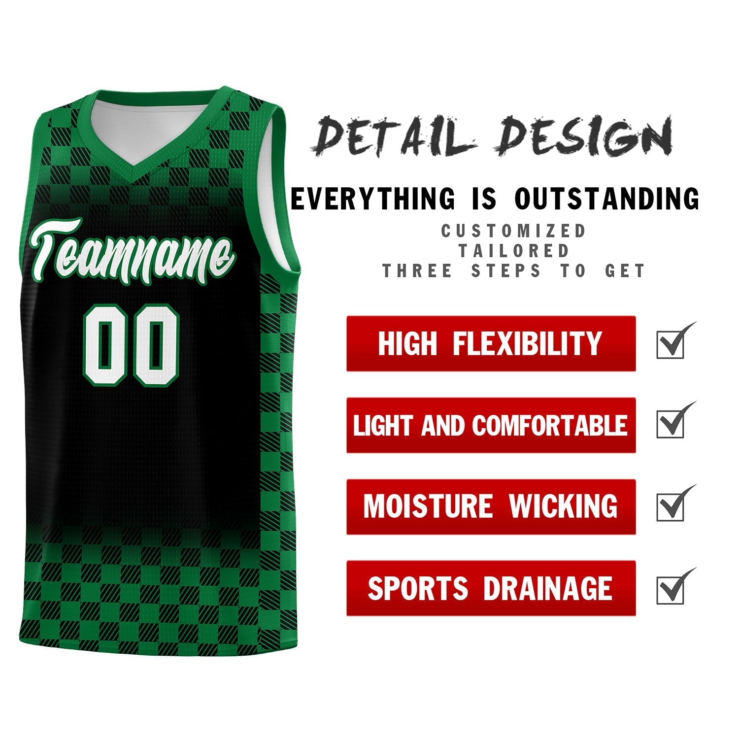Custom Black Kelly Green Classic Plaid Pattern Sports Uniform Basketball Jersey