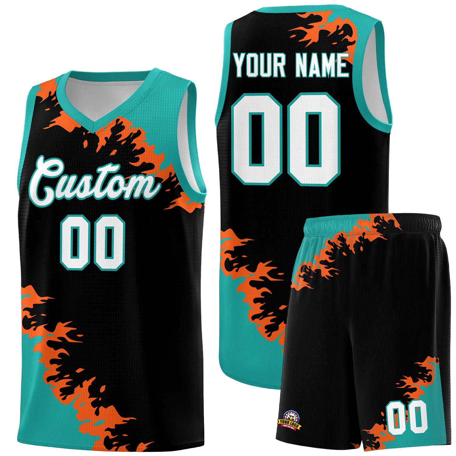 Custom Black Aqua-Orange Sparkle Print Pattern Basketball Kits