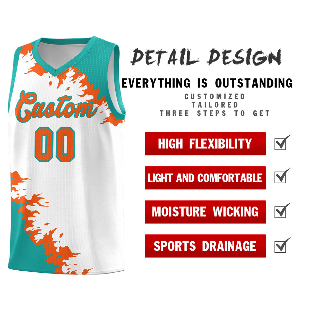Custom White Aqua-Orange Sparkle Print Pattern Basketball Kits