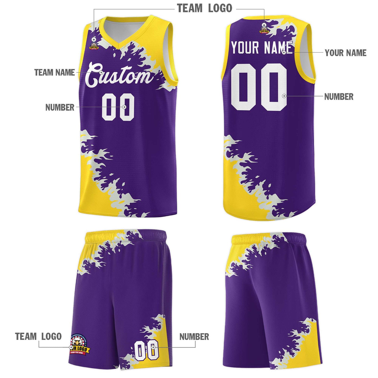 Custom Purple Gold-Gray Sparkle Print Pattern Basketball Kits
