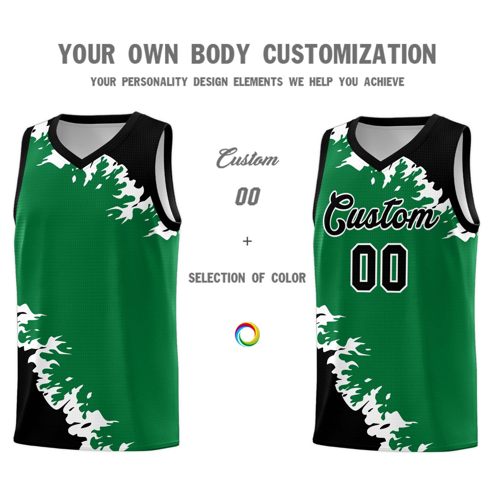 Custom Kelly Green Black-White Sparkle Print Pattern Basketball Kits