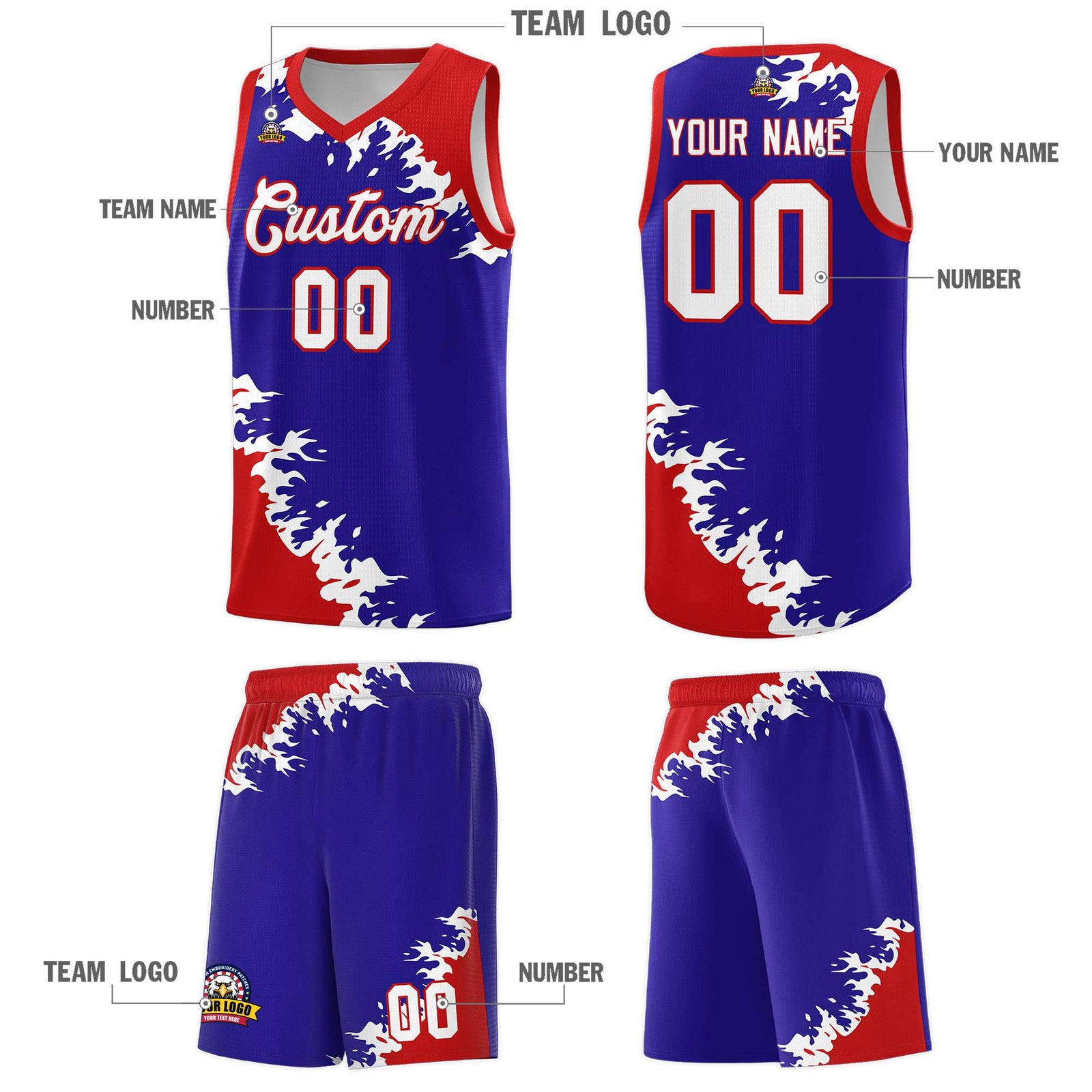 Custom Royal Red-White Sparkle Print Pattern Basketball Kits