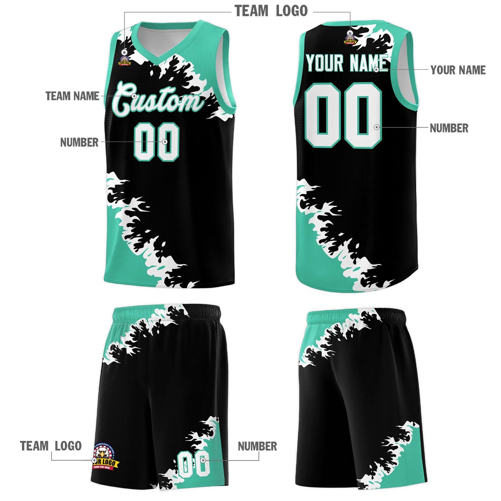Custom Black Bright Green-White Sparkle Print Pattern Basketball Kits