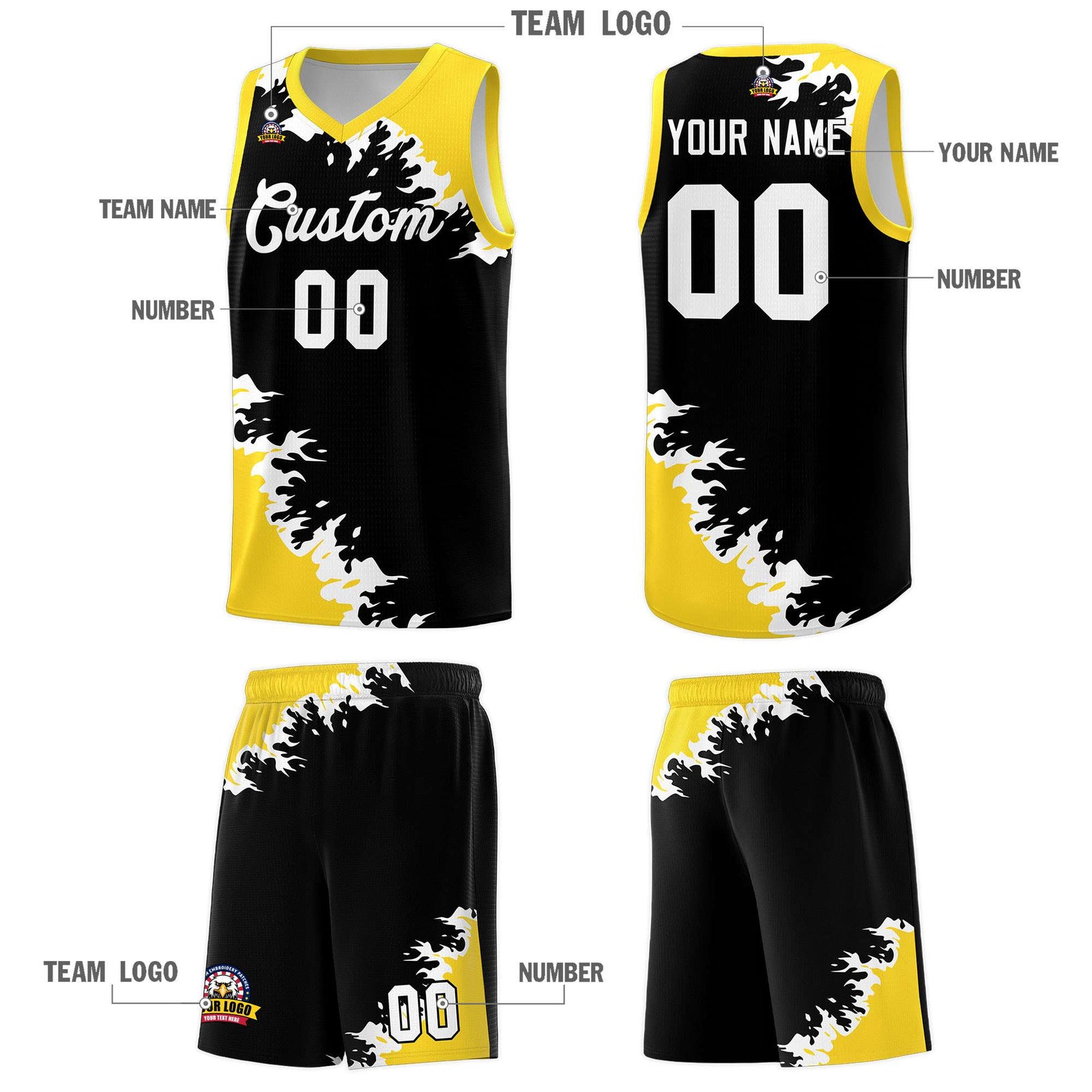 Custom Black Gold-White Sparkle Print Pattern Basketball Kits