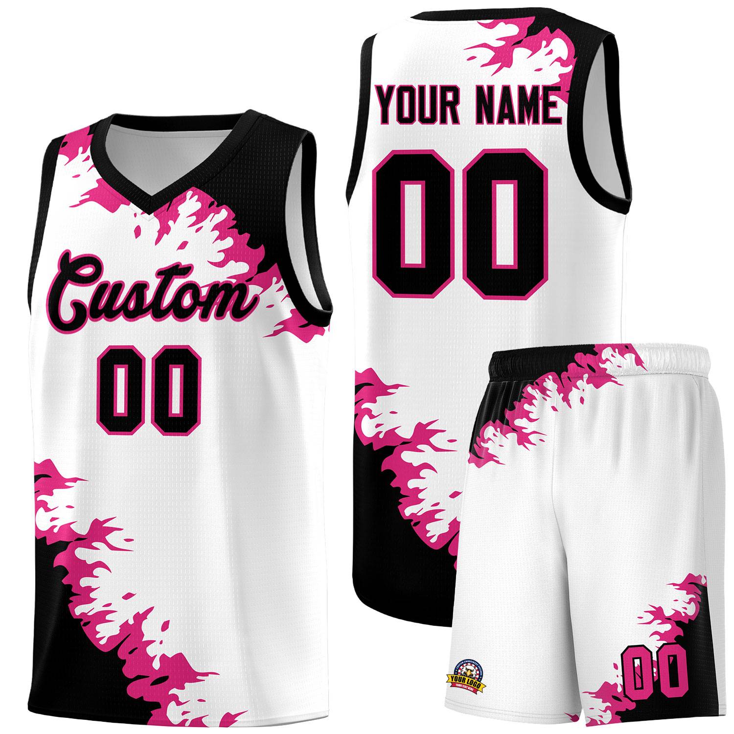 Custom White Black-Rose Red Sparkle Print Pattern Basketball Kits