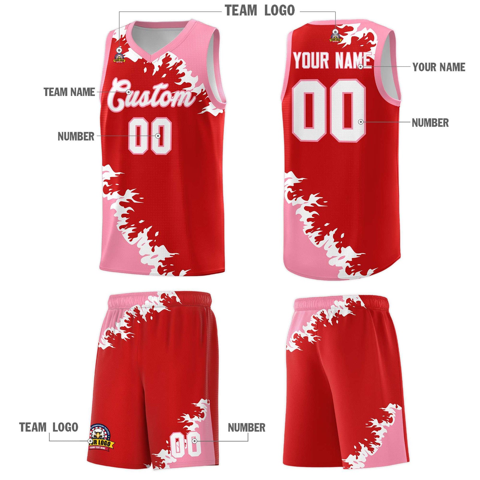 Custom Red Light Pink-White Sparkle Print Pattern Basketball Kits