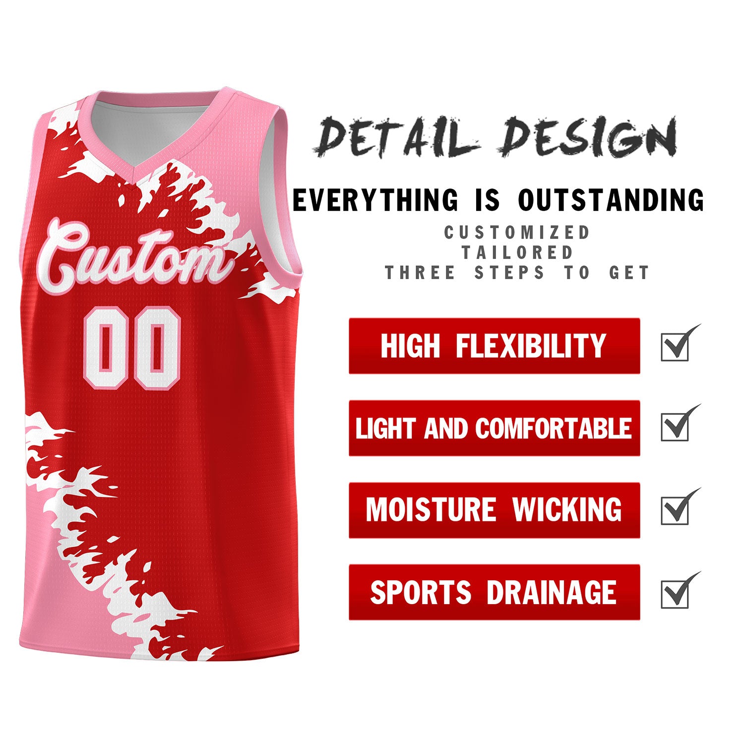 Custom Red Light Pink-White Sparkle Print Pattern Basketball Kits