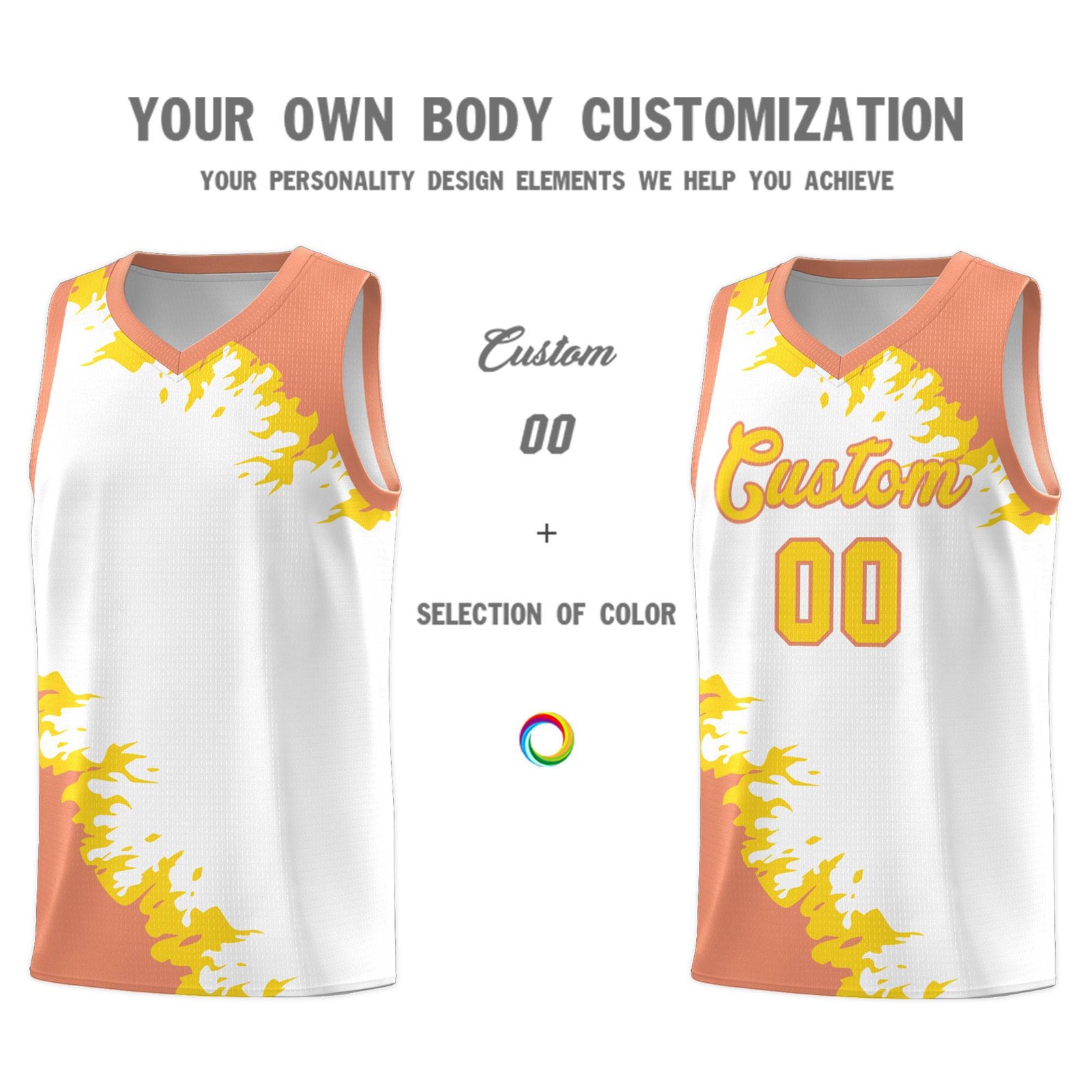 Custom White Light Orange-Gold Sparkle Print Pattern Basketball Kits