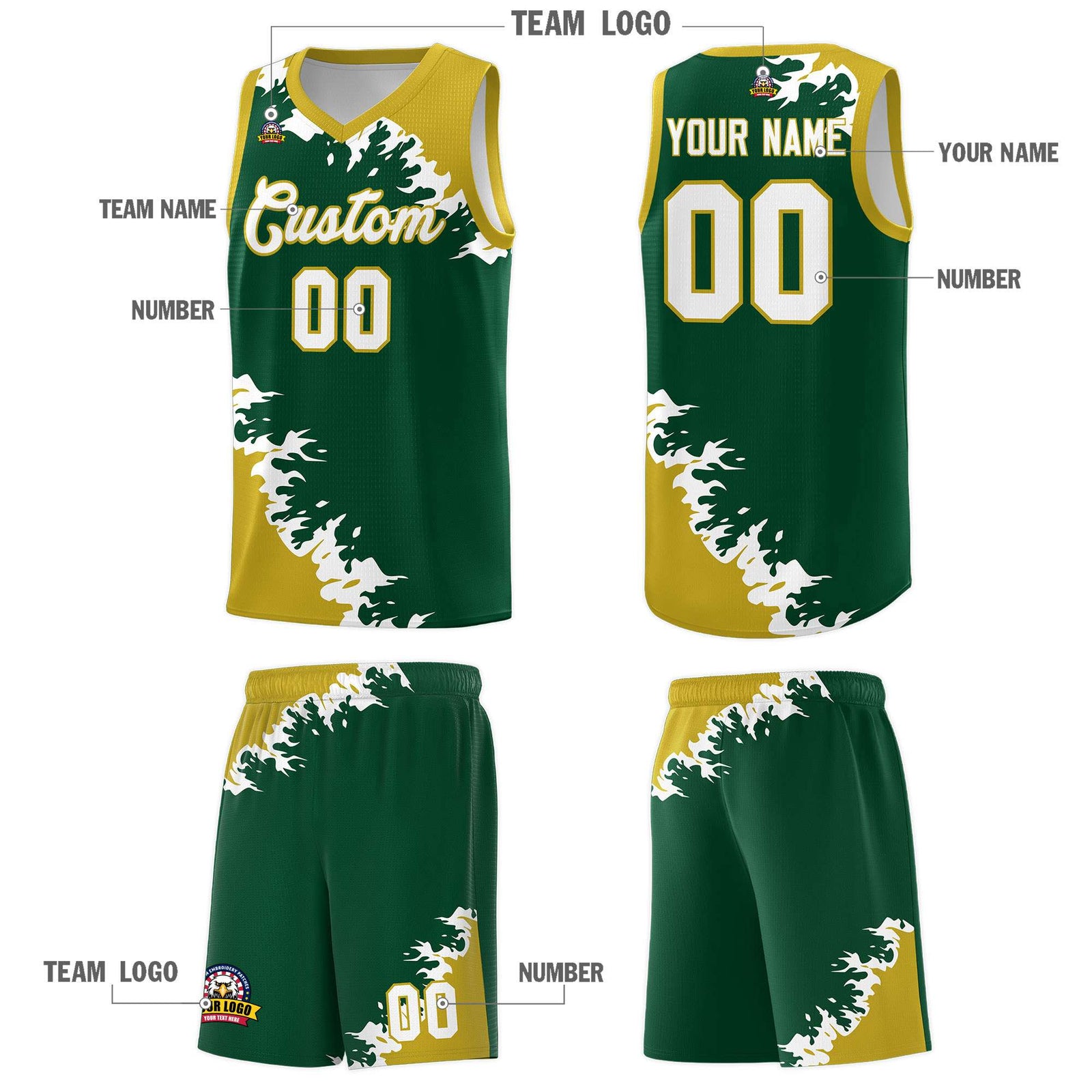 Custom Green Old Gold-White Sparkle Print Pattern Basketball Kits