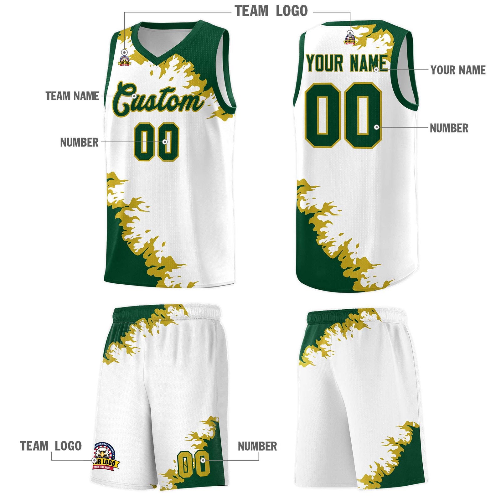 Custom White Green-Old Gold Sparkle Print Pattern Basketball Kits
