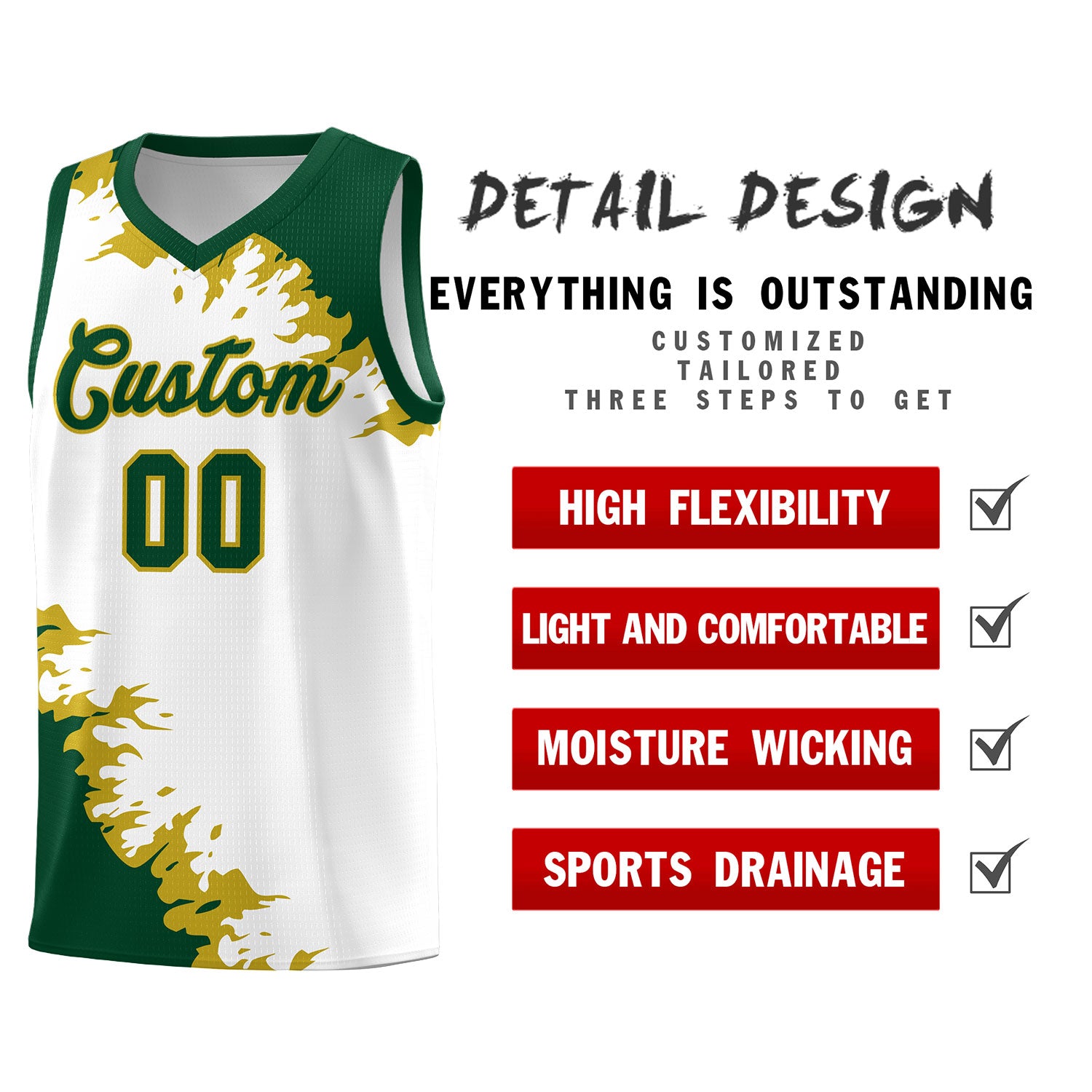 Custom White Green-Old Gold Sparkle Print Pattern Basketball Kits