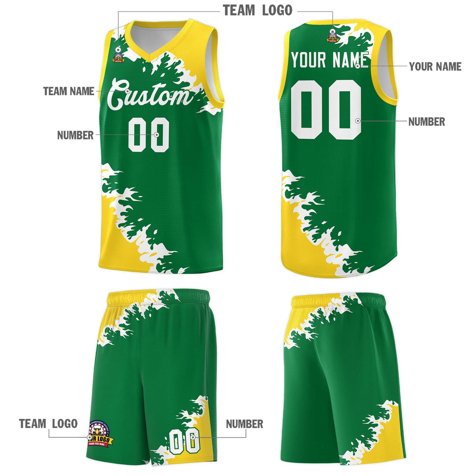 Custom Kelly Green Gold-White Sparkle Print Pattern Basketball Kits