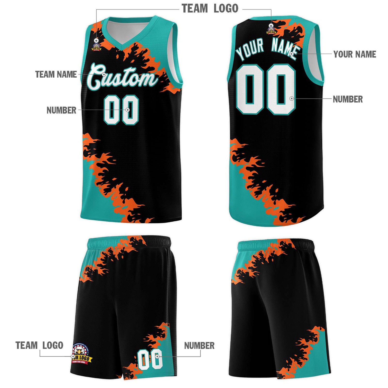 Custom Black Aqua-Orange Sparkle Print Pattern Basketball Kits
