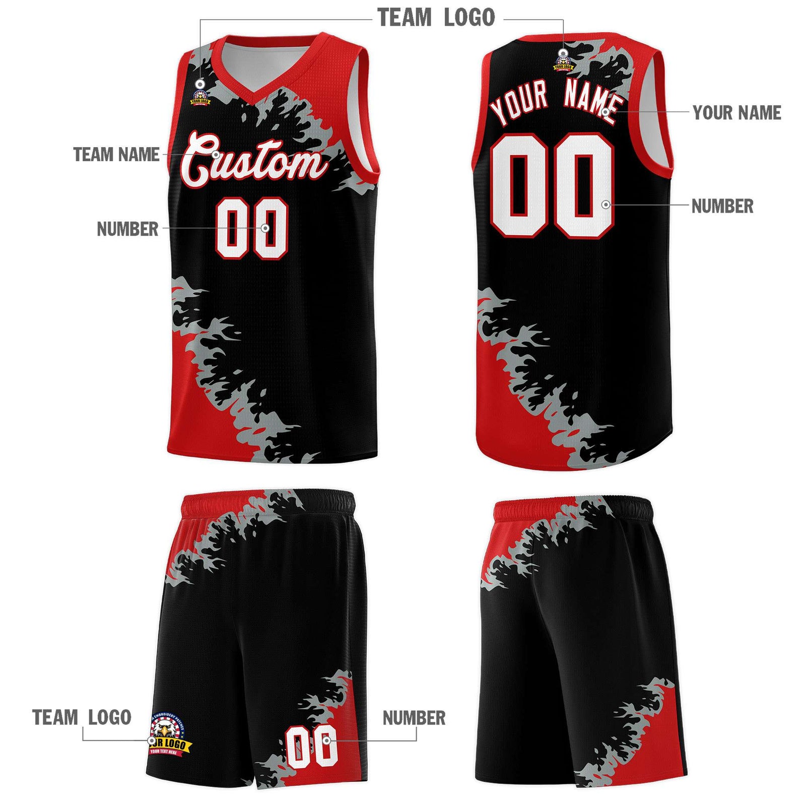 Custom Black Red-Silver Gray Sparkle Print Pattern Basketball Kits