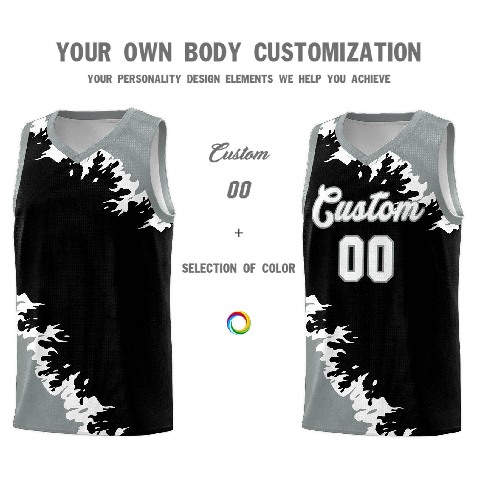 Custom Black Gray-White Sparkle Print Pattern Basketball Kits