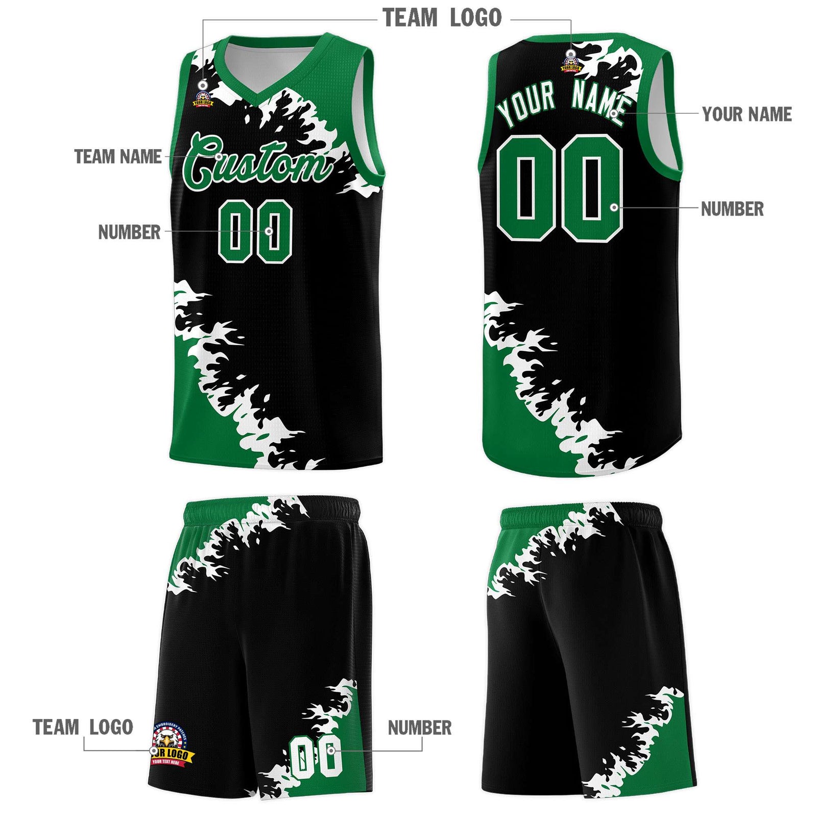 Custom Black Kelly Green-White Sparkle Print Pattern Basketball Kits