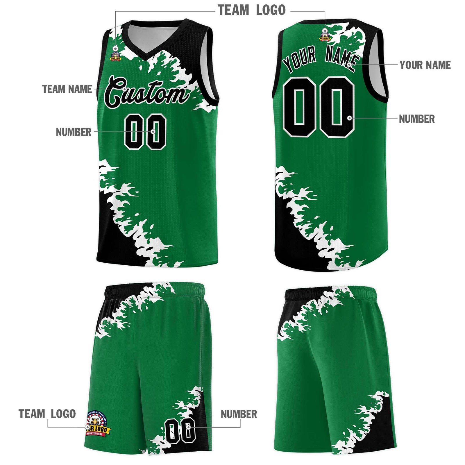 Custom Kelly Green Black-White Sparkle Print Pattern Basketball Kits