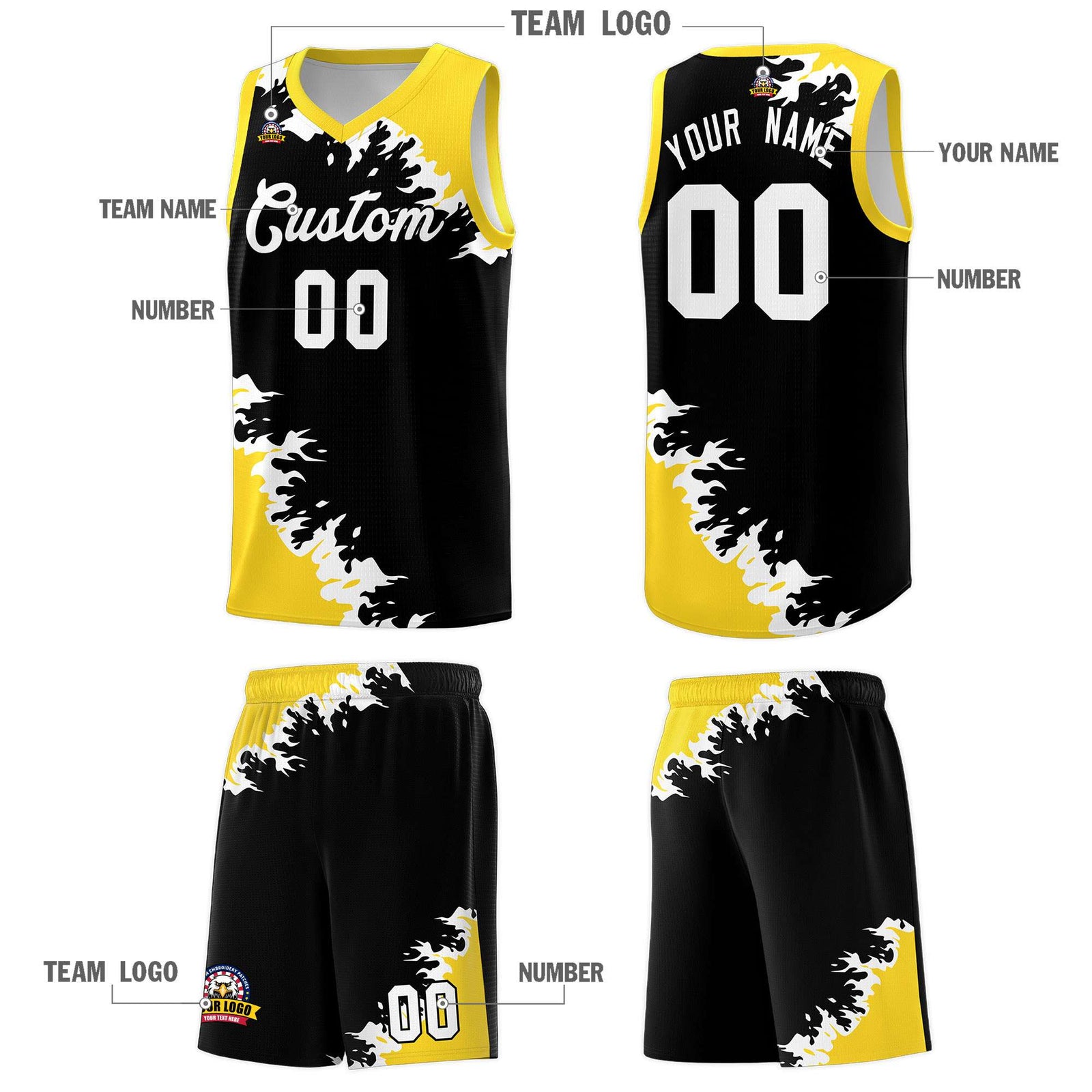 Custom Black Gold-White Sparkle Print Pattern Basketball Kits