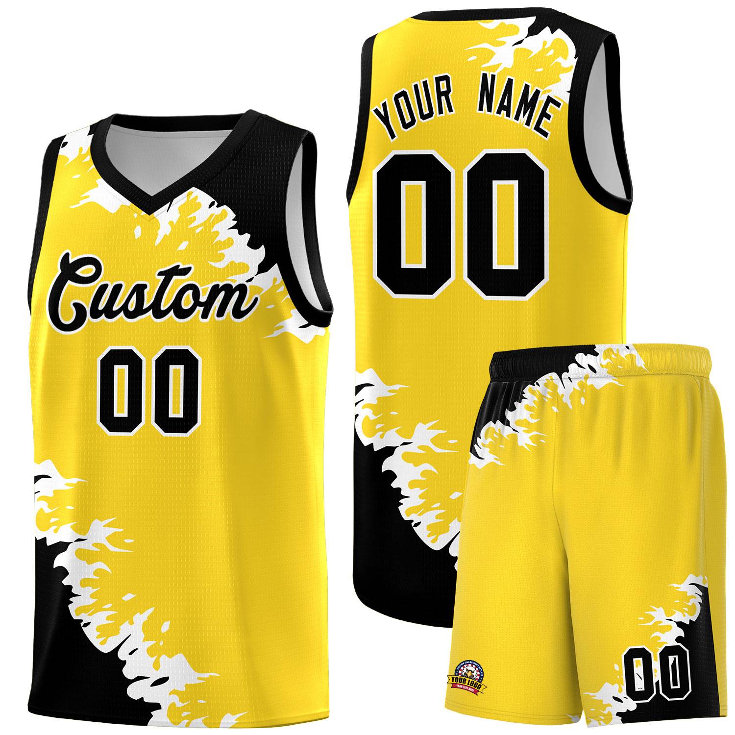 Custom Gold Black-White Sparkle Print Pattern Basketball Kits