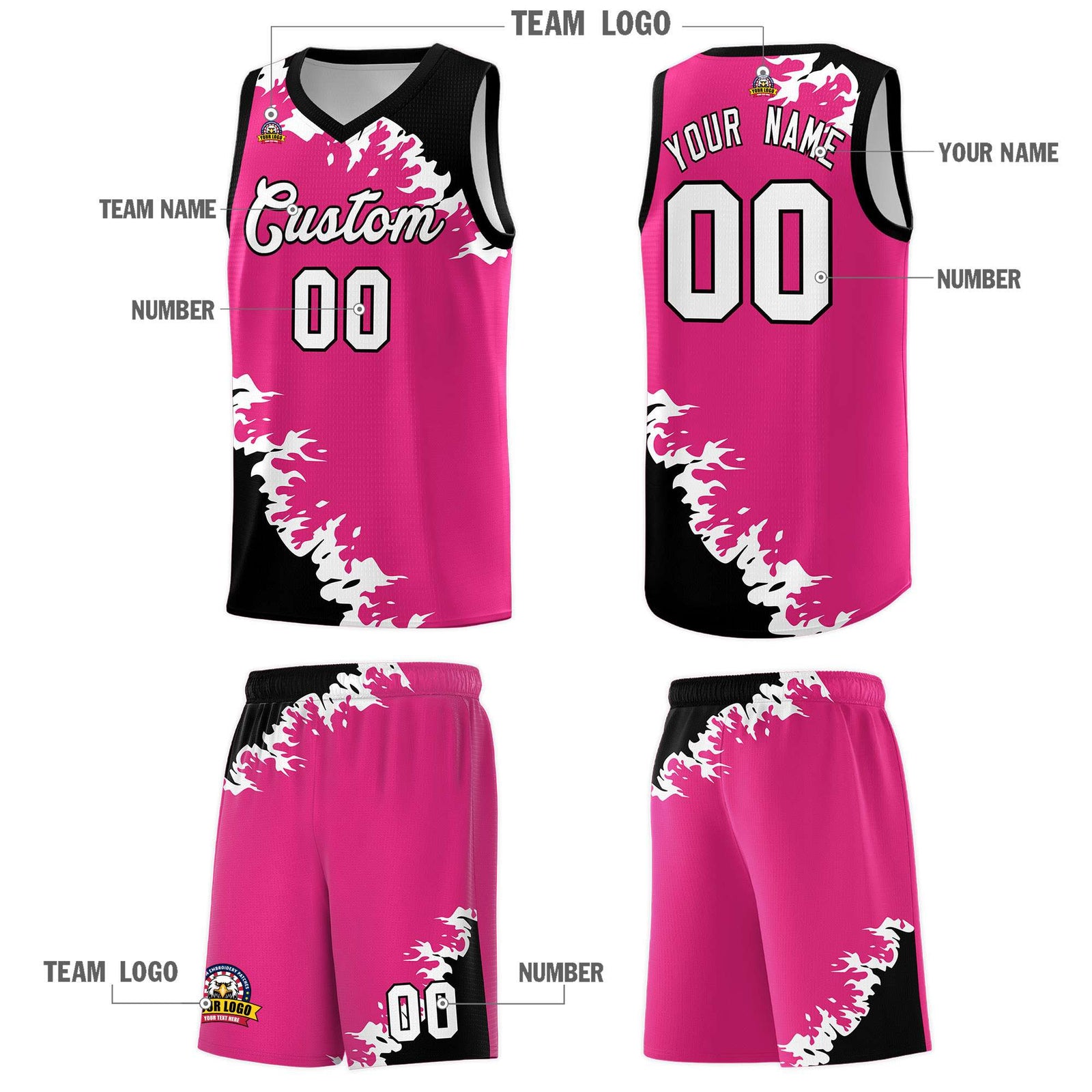 Custom Rose Red Black-White Sparkle Print Pattern Basketball Kits