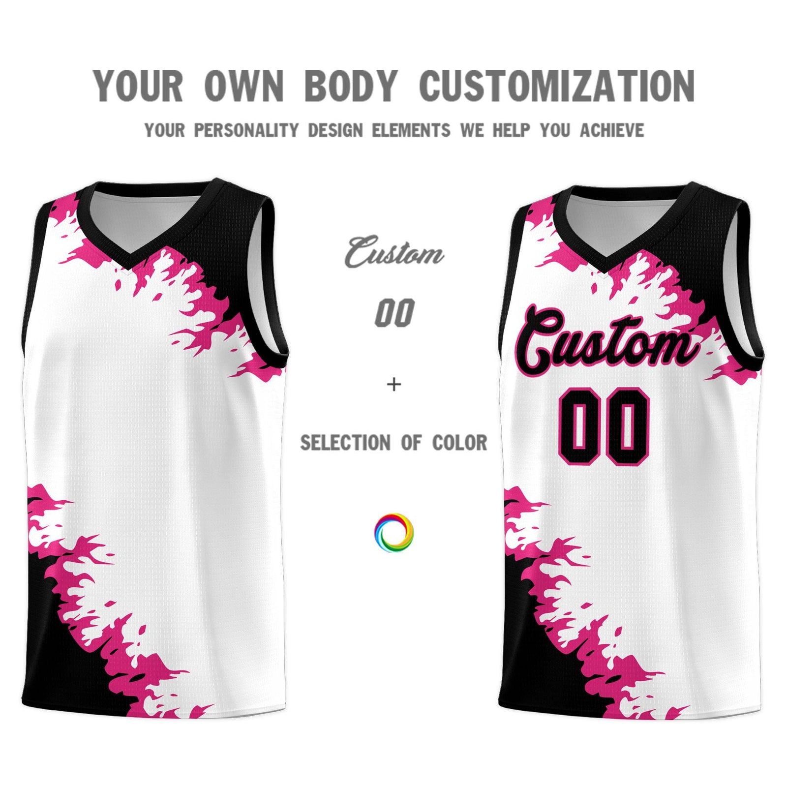Custom White Black-Rose Red Sparkle Print Pattern Basketball Kits