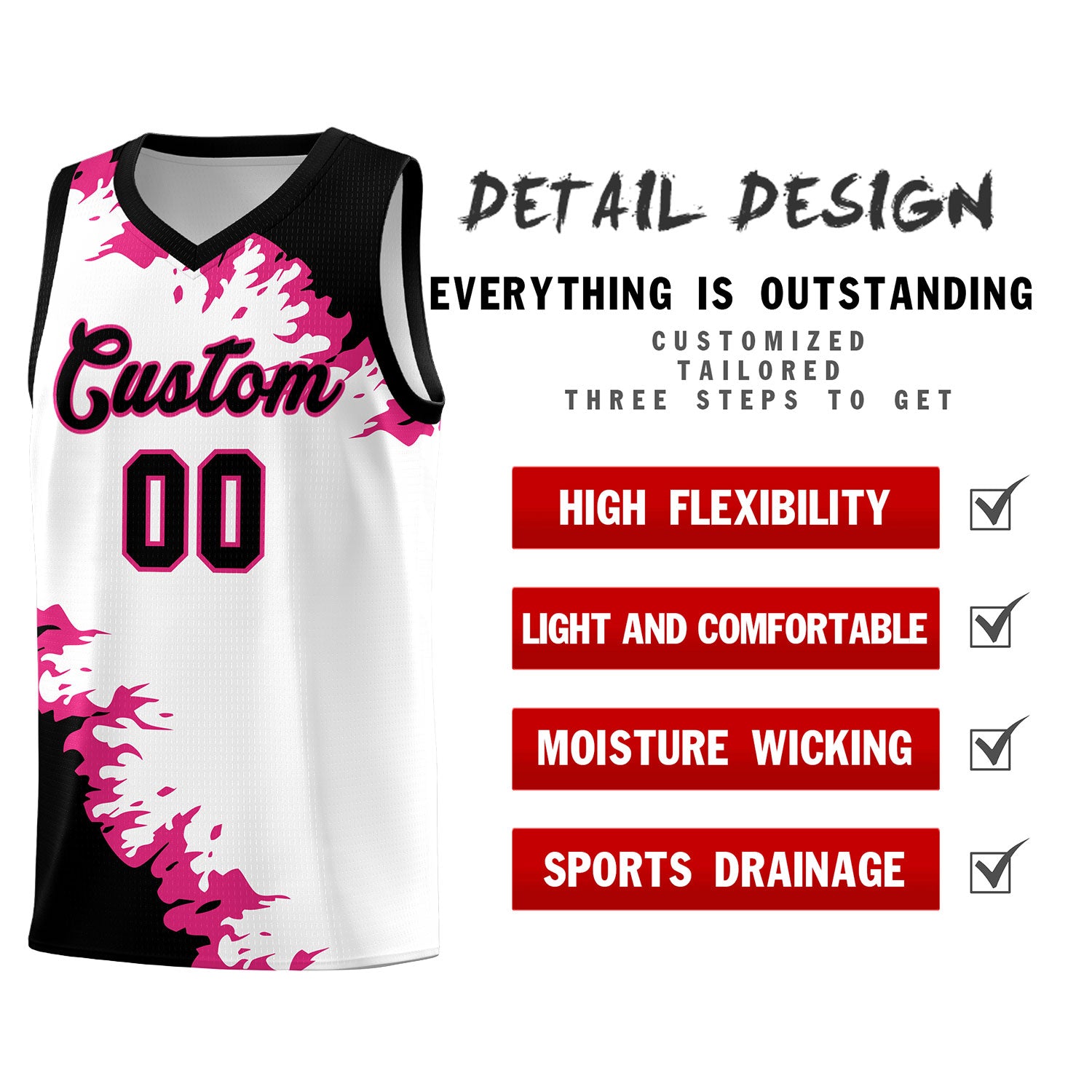 Custom White Black-Rose Red Sparkle Print Pattern Basketball Kits