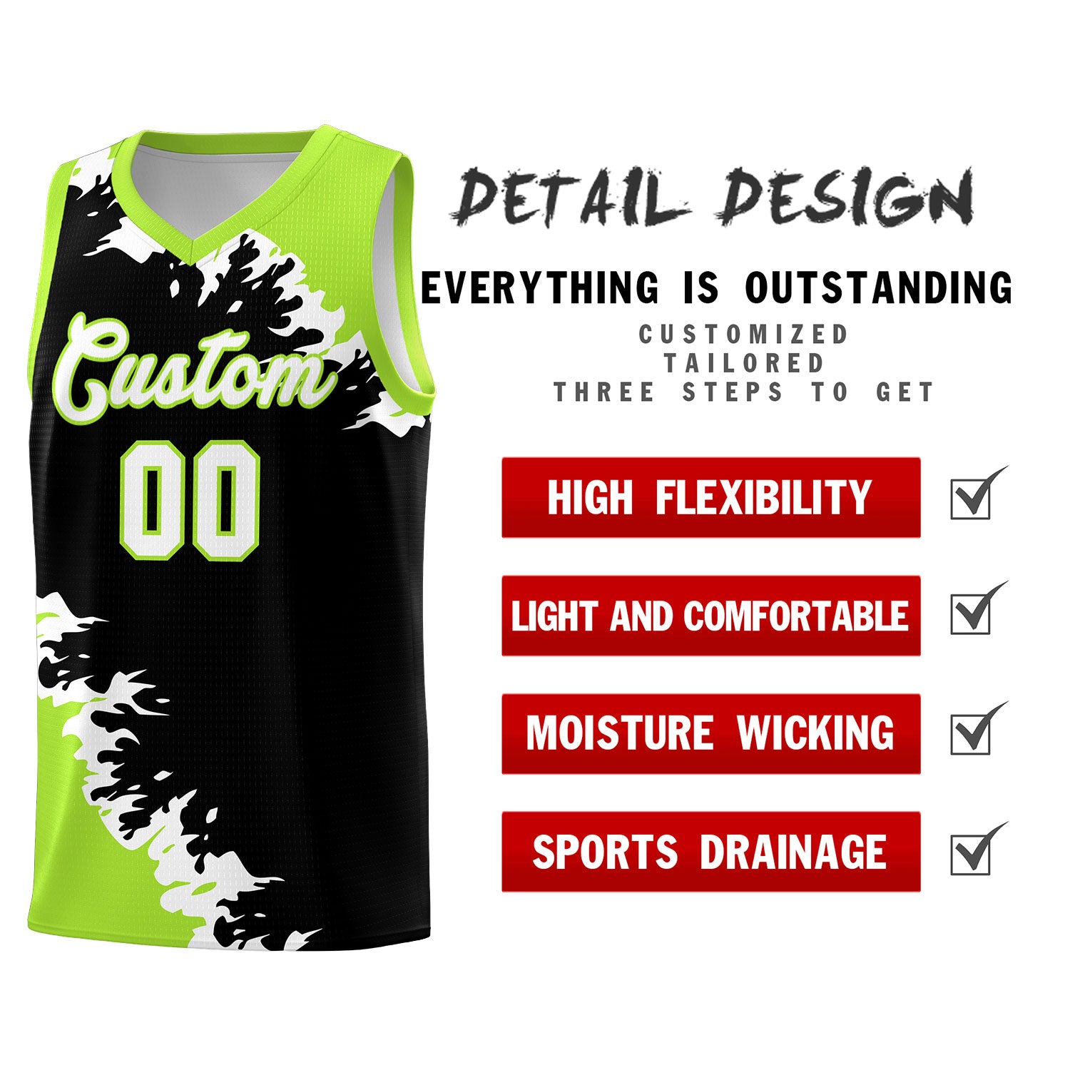 Custom Black Neon Green-White Sparkle Print Pattern Basketball Kits