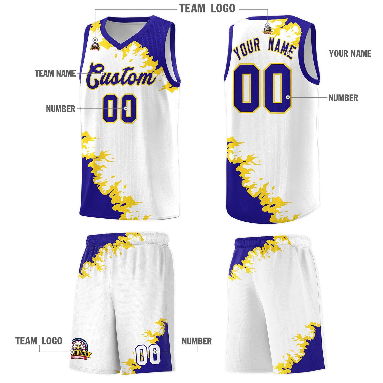 Custom White Royal-Gold Sparkle Print Pattern Basketball Kits