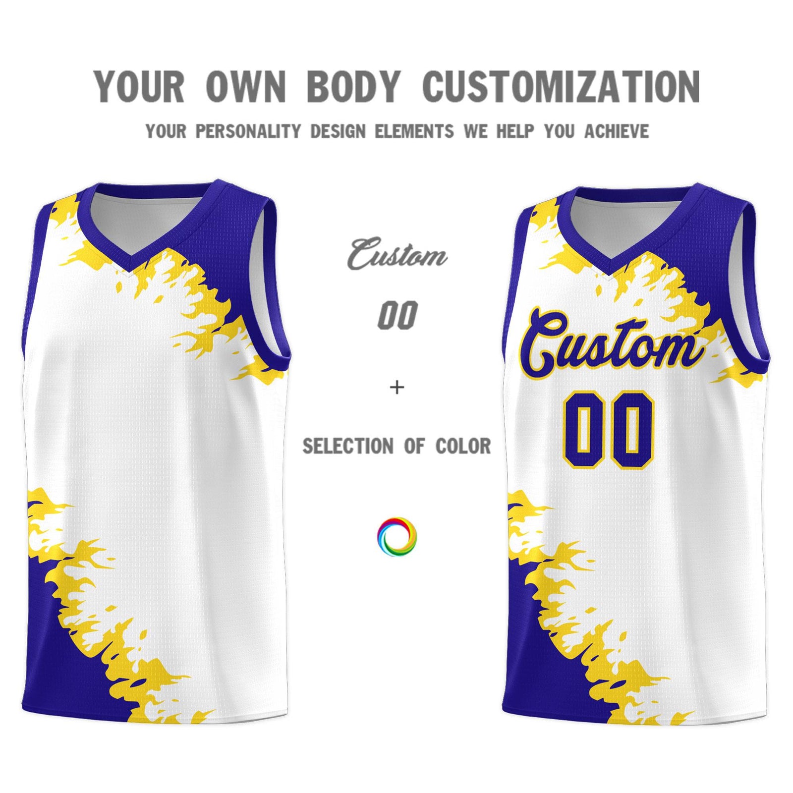 Custom White Royal-Gold Sparkle Print Pattern Basketball Kits
