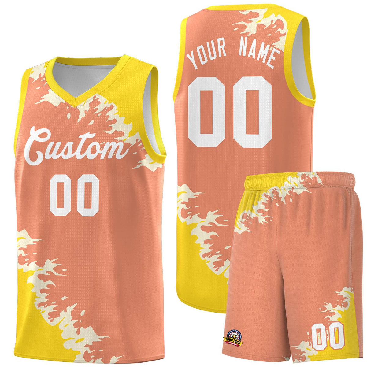 Custom Light Orange Gold-Cream Sparkle Print Pattern Basketball Kits