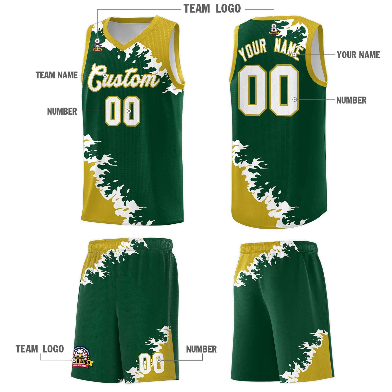 Custom Green Old Gold-White Sparkle Print Pattern Basketball Kits