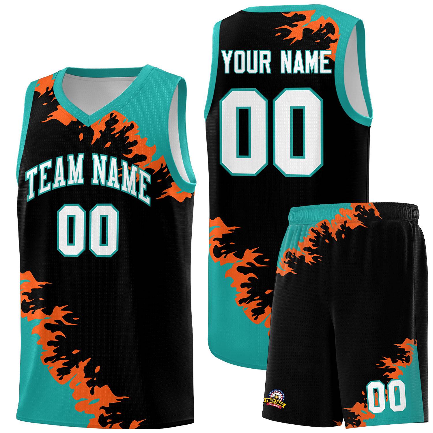 Custom Black Aqua-Orange Sparkle Print Pattern Basketball Kits