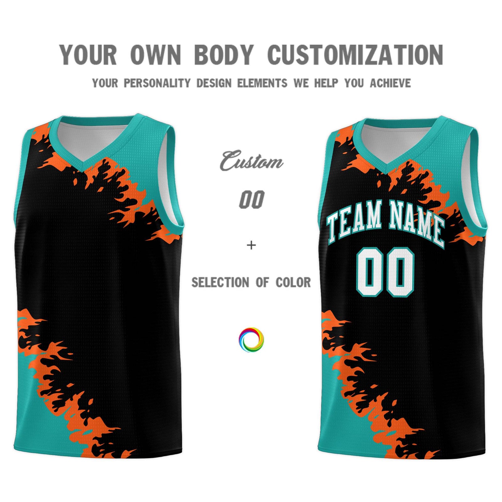 Custom Black Aqua-Orange Sparkle Print Pattern Basketball Kits