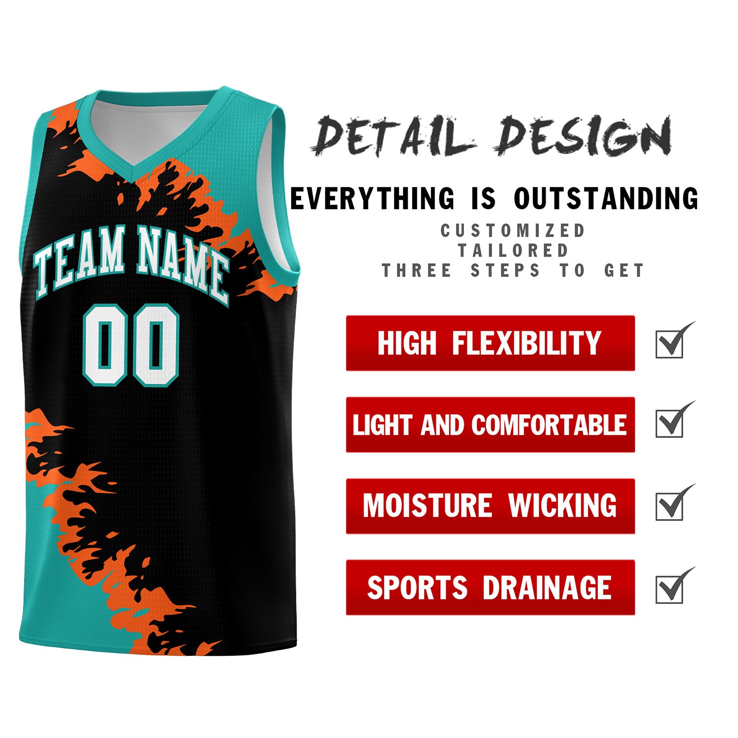 Custom Black Aqua-Orange Sparkle Print Pattern Basketball Kits