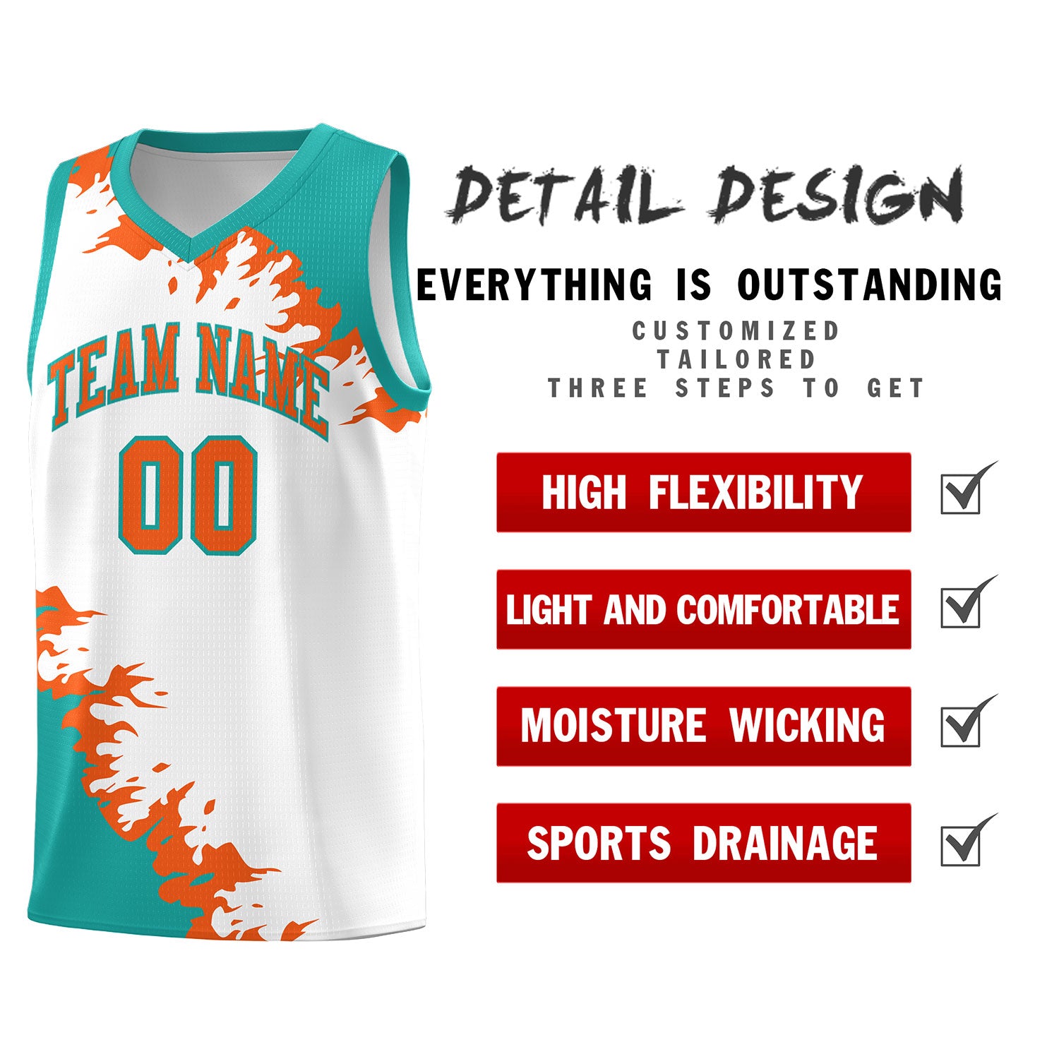 Custom White Aqua-Orange Sparkle Print Pattern Basketball Kits