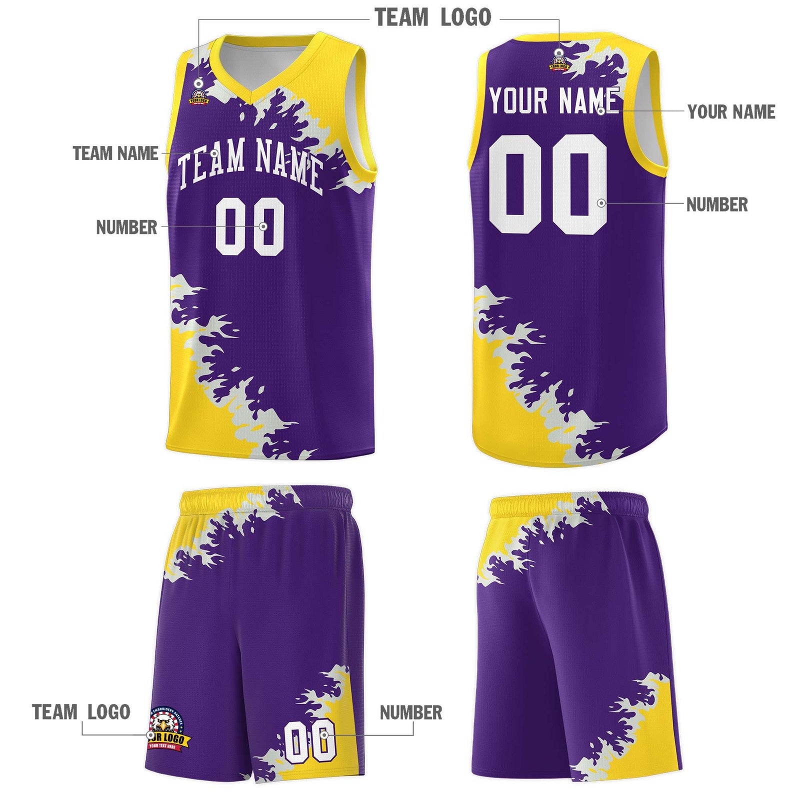Custom Purple Gold-Gray Sparkle Print Pattern Basketball Kits